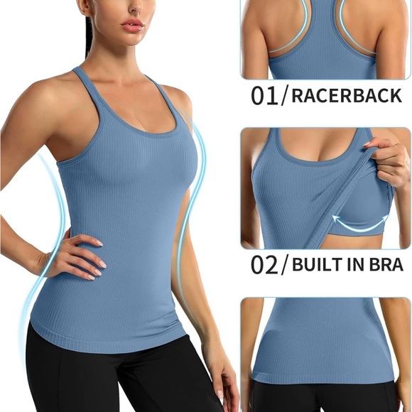 3 Ribbed Workout Racerback Tanks with Built In Bra - Picture 1 of 6